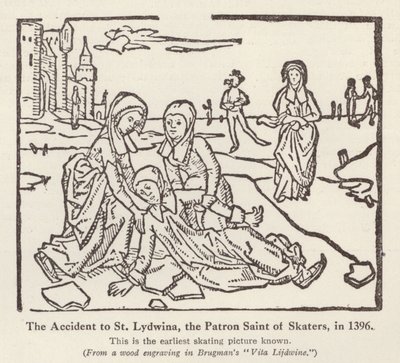 Ulykke med St Lydwina, skytshelgen for skatere, i 1396 (litho) av English School