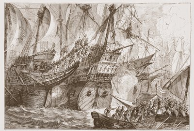 Kampf zwischen der spanischen Flotte und den Schiffen der Wassergeusen, Illustration aus The History of Protestantism von James Aitken Wylie, veröffentlicht 1878 von English School