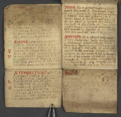 Legge til. 17367, f.10r fra almanakk, inneholdende tabell med dominiske bokstaver og gylne tall; veibeskrivelse for å finne de bevegelige festene; helgenkalender, epoker, liste over engelske suverene, værprognoser, påvirkning av dyrekretsens tegn (vell av English School