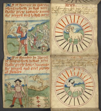 Legge til. 17367, f.4r Væren og Tyren, fra Almanakk, som inneholder tabell med dominiske bokstaver og gylne tall; veibeskrivelse for å finne de bevegelige festene; helgenkalender, epoker, liste over engelske suverene, værprognoser, påvirkning av tegnene ti av English School