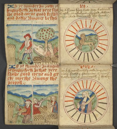 Legge til. 17367, f.6r Leo & Jomfruen, fra Almanac, som inneholder tabell med dominiske bokstaver og gylne tall; veibeskrivelse for å finne de bevegelige festene; helgenkalender, epoker, liste over engelske suverene, værprognoser, påvirkning av tegnene til av English School