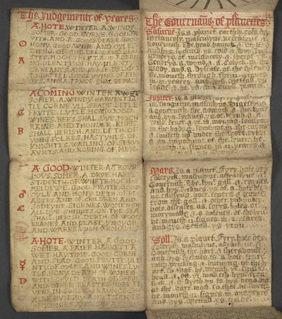 Legge til. 17367, f.9r fra almanakk, inneholdende tabell med dominiske bokstaver og gylne tall; veibeskrivelse for å finne de bevegelige festene; helgenkalender, epoker, liste over engelske suverene, værprognoser, påvirkning av dyrekretsens tegn (vellu av English School