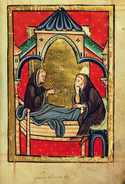 Adăugați 39943 f.21 Boisil, priorul lui Cuthbert la Melrose, pe patul de moarte, din „Viața și miracolele Sfântului Cuthbert” de Bede, latină (Durham) (vellum)norvegiană av English School