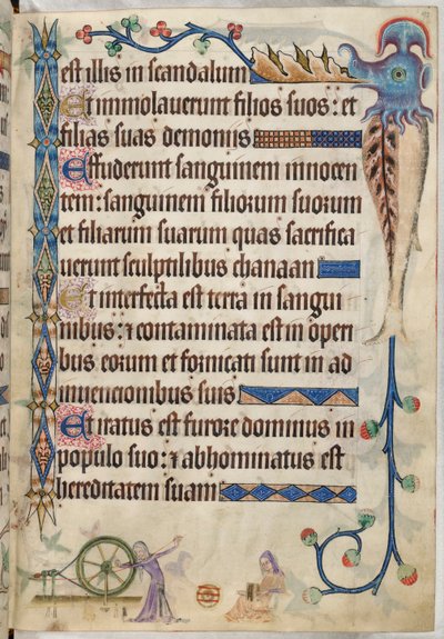 Legge til. 42130, f.193, Salme 105, Kvinner som spinner og karder ull, fra 'Luttrell Psalter', ca. 1325-35 (vellum) av English School