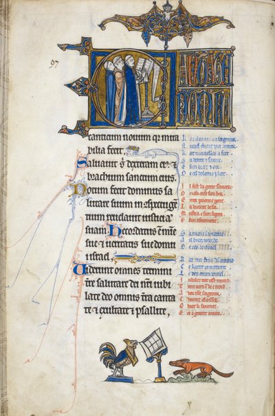 Legge til. 50000, f.146v Salme 97; initial 'C', tre funksjonærer ved en talerstol, syngende. Ved foten av folioen, en hane som forkynner for en rev, fra Oscott Psalter, ca. 1265-70 (vellum) av English School