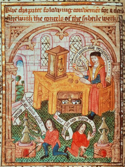 Legg til MS 10302 f.37v Alchemy master forbereder ingredienser, fra 