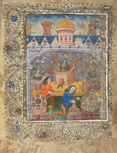 Legg til MS 10302 f.37v f. 1r Syv ovner med stillestående, pleiet av to menn, under et tak med en kuppel og skorsteiner, ca. 1477 (vellum) av English School