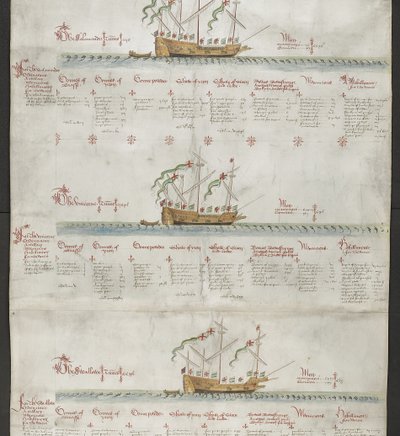 Legg til MS 22047 f.4r Galeassen The Unicorn, and The Swallow, fra 