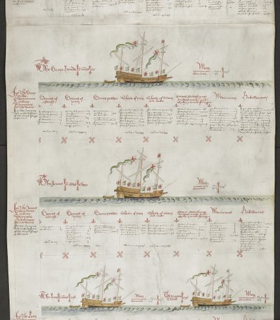 Legg til MS 22047 f.6r Galeasses: The Greyhound, The Jennet, The Lion and The Dragon, fra 
