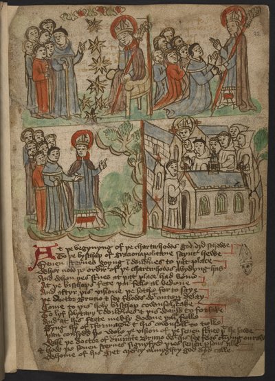 Legg til MS 37049, f.22 The Carthusian Miscellany (Religious Prose and Verse) på nordengelsk, inkludert et symbol (oppsummering) av Mandevilles reiser (blekk og farger på papir) av English School
