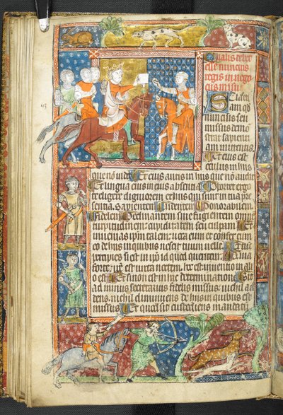 Legg til MS 47680, f.40v, King (Alexander) og Aristoteles gir et brev til en budbringer, fra Secretum Secretorum av English School