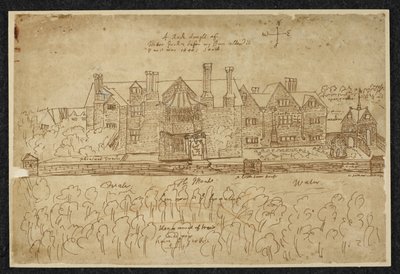 Legg til MS 78610 A 'A Rude draght of Wotton Garden before my Bro: change it & as it was 1640: South',1640 (penn og blekk på papir) av English School