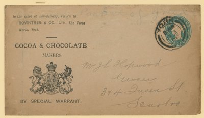 Adresseetikett fra Rowntree & Co, The Cocoa Works, York av English School