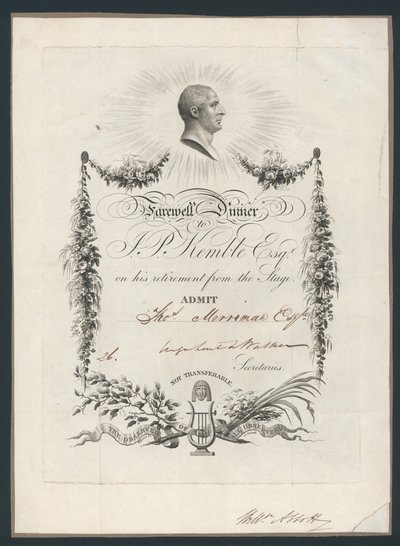 Adgangsbillett til middag for å feire John Kembles farvel til scenen, 1819 av English School