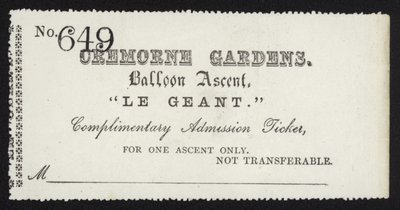 Inngangsbillett for bestigning av ballongen Le Geant fra Cremorne Gardens, London av English School
