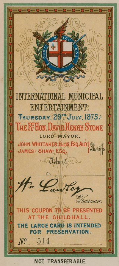 Inngangsbillett til International Municipal Entertainment i Guildhall, London, 29. juli 1875 av English School