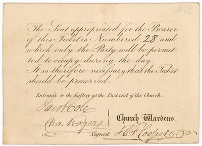 Adgangsbillett til St Margarets Vestry Gallery, for kroningen av dronning Victoria, 28. juni 1838, omvendt av English School