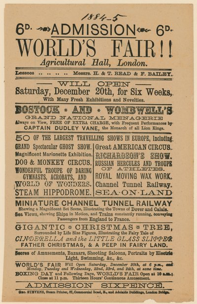 Adgang til verdensmessen, Agricultural Hall, Islington, 188485 av English School