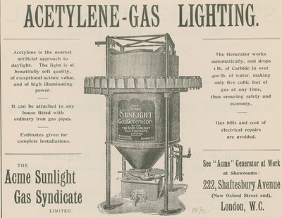 Annonse for acetylen-gassbelysning av English School