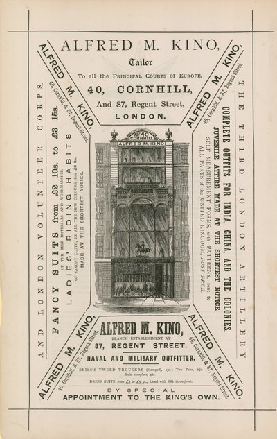 Annonse for Alfred M Kino, skredder, 40 Cornhill og 87 Regent Street, London av English School
