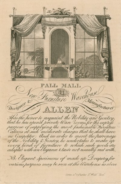 Annonse for Allens nye møbellager, 61 Pall Mall, London av English School