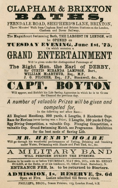 Annonse for Clapham og Brixton Baths, Ferndale Road, Shepherds Lane, Brixton, London; med kaptein Boyton av English School