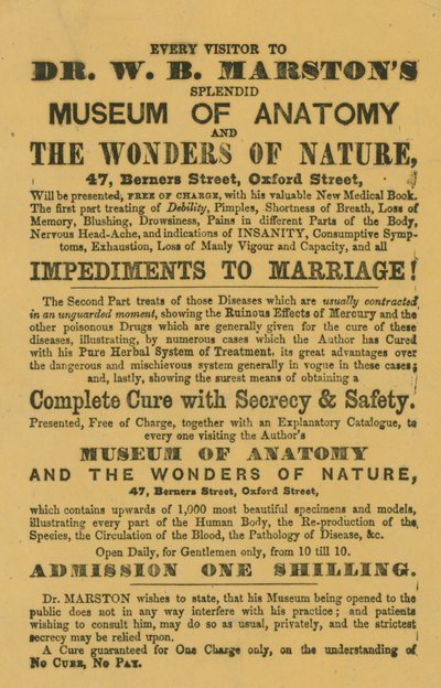 Annonse for Dr W B Marstons Museum of Anatomy and the Wonders of Nature av English School