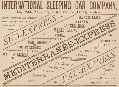 Annonse for International Sleeping Car Company, 122 Pall Mall og 5 Graceshurch Street, 1888 av English School