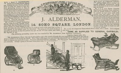 Annonse for J Alderman, produsent av invalidevogner (gravering) av English School