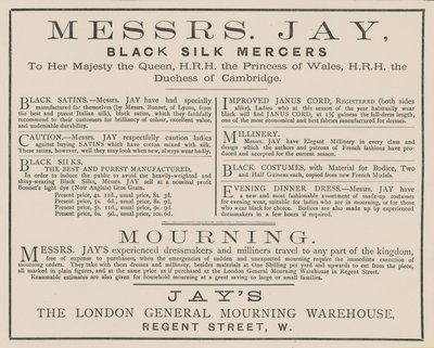 Annonse for Mrs Jay, London General Mourning Warehouse, Regent Street av English School