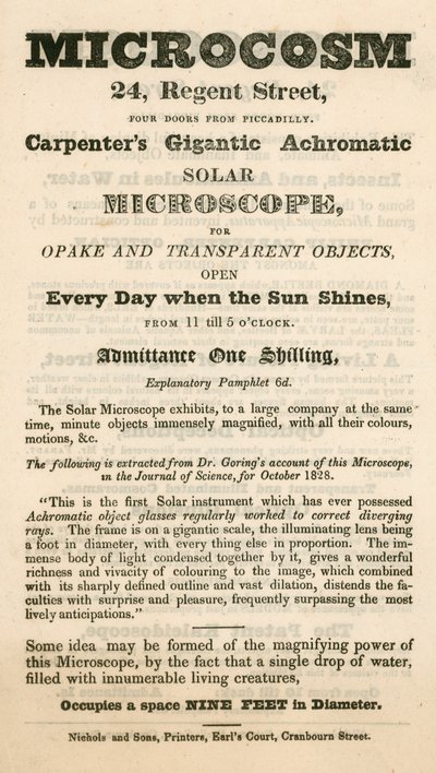 Werbung für die Microcosm-Ausstellung in der Regent Street 24, London von English School