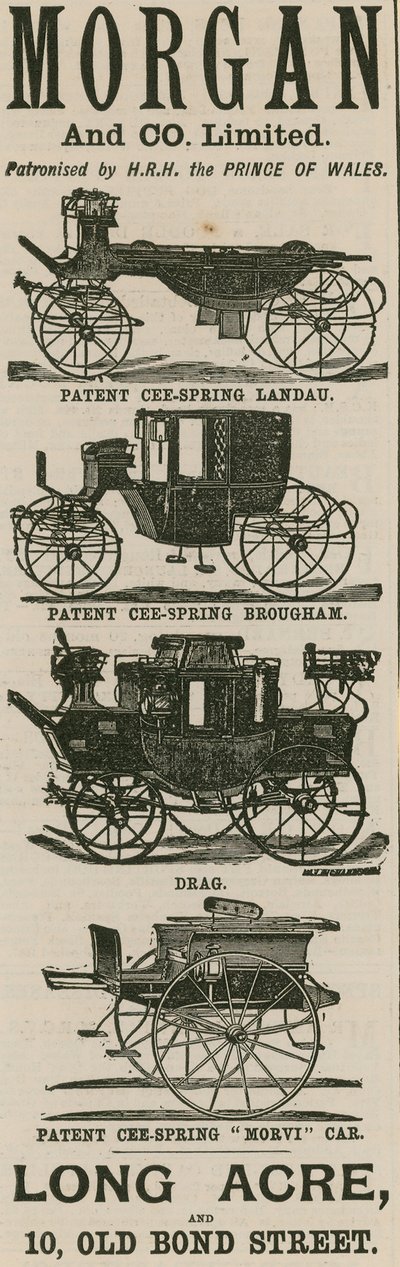 Annonse for Morgan & Co Ltd, vognprodusenter, Long Acre og 10 Old Bond Street, London av English School