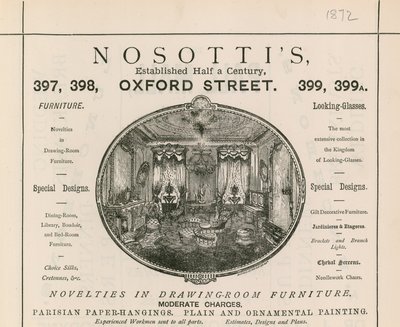 Annonse for Nosottis møbelbutikk, 397-399 Oxford Street av English School