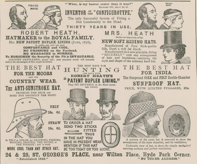Annonse etter Robert Heath, hattemaker for kongefamilien av English School