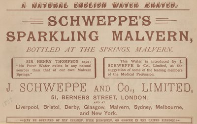 Annonse for Schweppes Sparkling Malvern, tappet på kildene, Malvern av English School