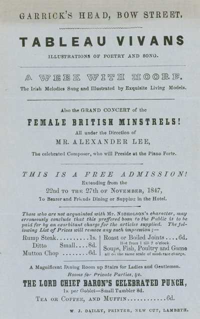 Anzeige für Tableau Vivans, Illustrationen von Poesie und Lied, Garricks Head, Bow Street, London von English School