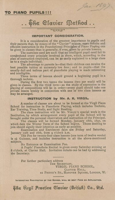 Annonse for The Clavier Method for å lære piano av English School