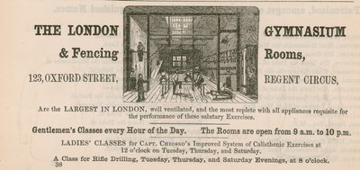 Annonse for London Gymnasium & Fencing Rooms, 123 Oxford Street, Regent Circus av English School