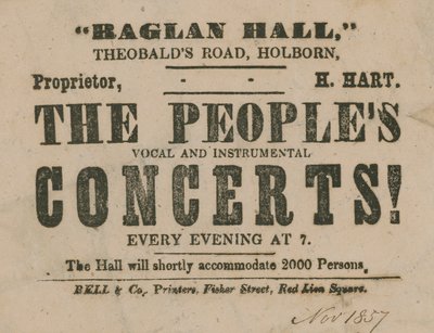Annonse for The Peoples Vokal- og Instrumentalkonserter, Raglan Hall av English School