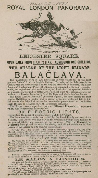 Annonse for The Royal London Panorama med Charge of the Light Brigade på Balaclava av English School