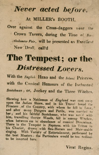 Anzeige für Der Sturm; oder, Die bedrängten Liebenden, aufgeführt in Millers Booth, Cross Daggers, in der Nähe der Crown Tavern von English School
