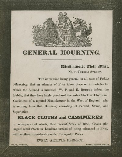 Annonse for W P og E Dudden, Westminster Cloth Mart, 7 Tothill Street av English School