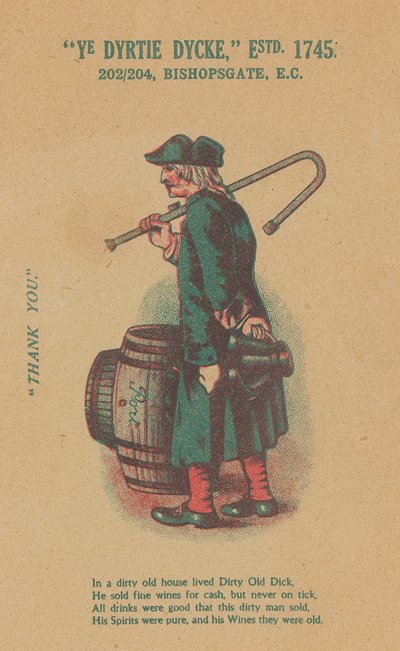 Annonse for Ye Dyrtie Dycke (Dirty Dick), 202-204 Bishopsgate, London av English School