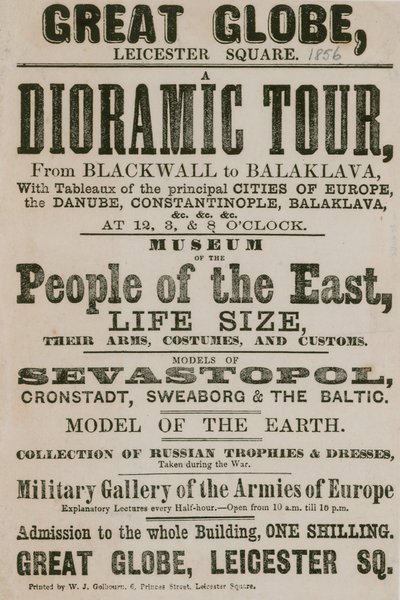 Annonser for en dioramisk tur fra Blackwall til Balaklava, med tablåer over de viktigste byene i Europa av English School