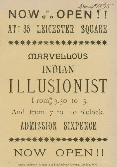 Annonse etter en indisk illusjonist som dukker opp på 35 Leicester Square, London av English School