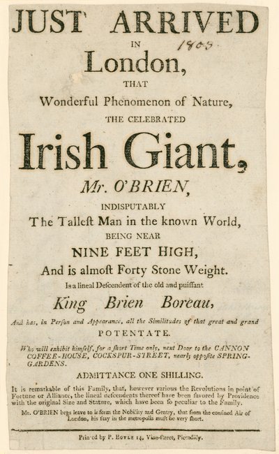 Annonsere for en opptreden av Charles Byrne, alias OBrien the Irish Giant, den høyeste mannen i den kjente verden av English School