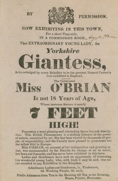 Annonsere for en opptreden av frøken OBrian, Yorkshire-kjempen av English School