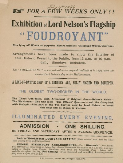 Annonsere for en utstilling av Lord Nelsons flaggskip Foudroyant av English School