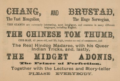 Annonser for opptredener av Chang, Brustad, The Chinese Tom Thumb og The Midget Adonis av English School