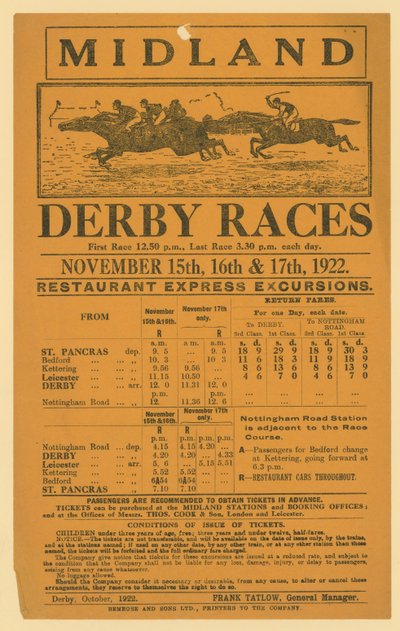Annonse for jernbaneutflukt til Midland Derby Races, 15.–17. november 1922 av English School